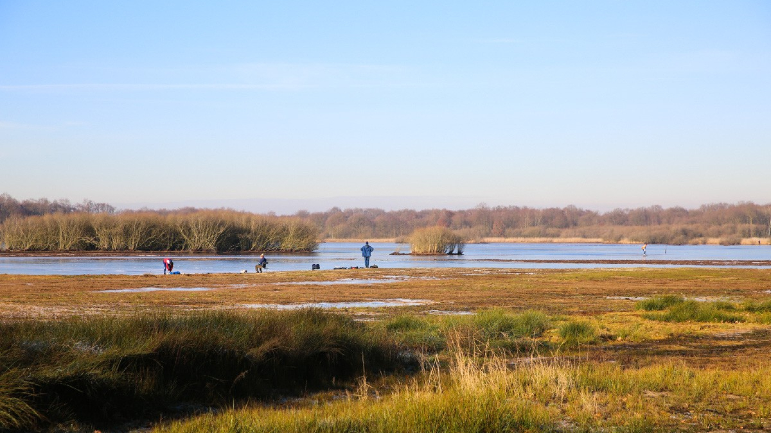 Een paar personen in een natuurgebied met een meertje en veel bomen en struiken 