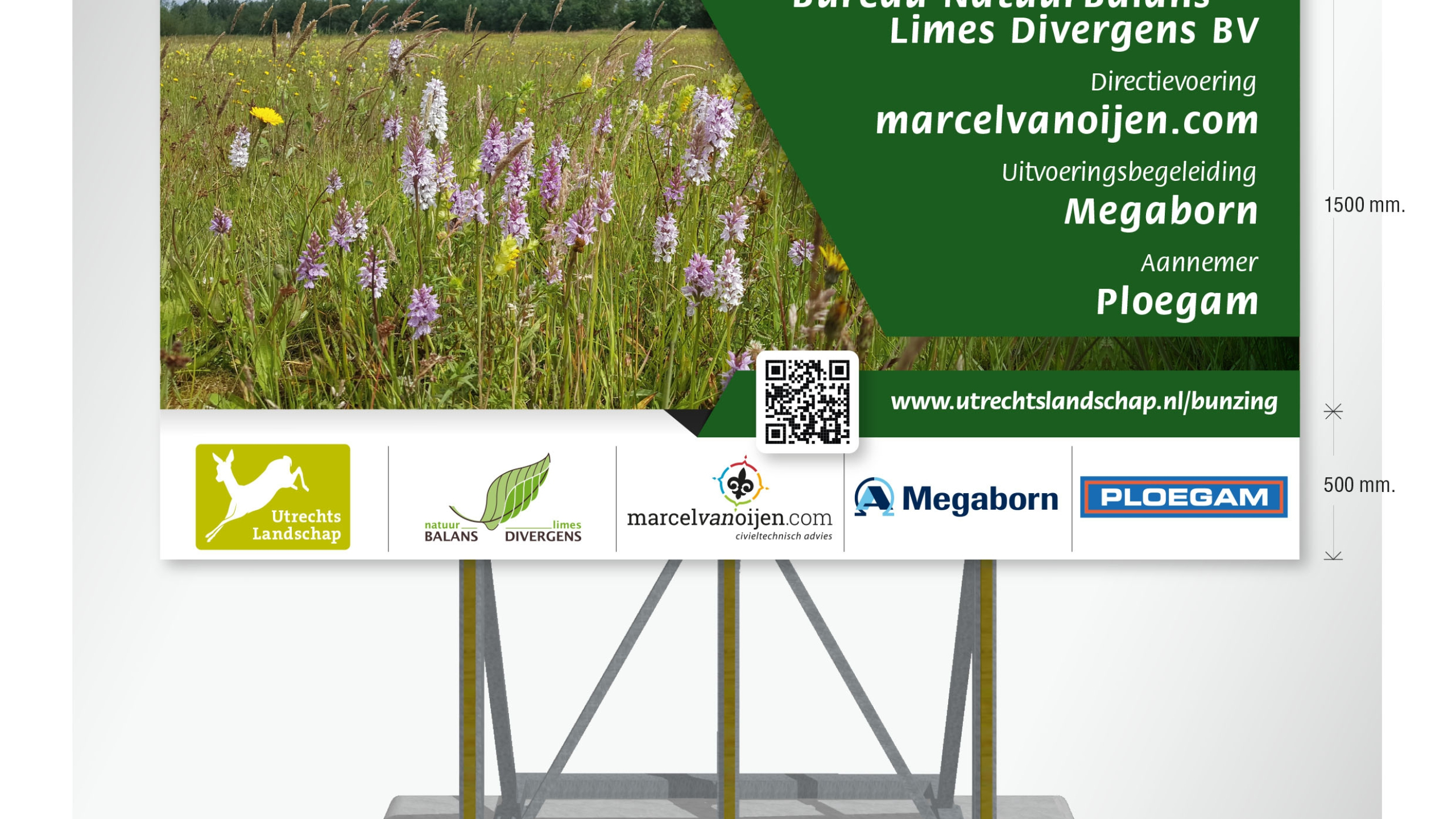 Projectbord met natuurfoto, tekst en logo's van meewerkende bedrijven bij Natuurontwikkeling De Bunzing