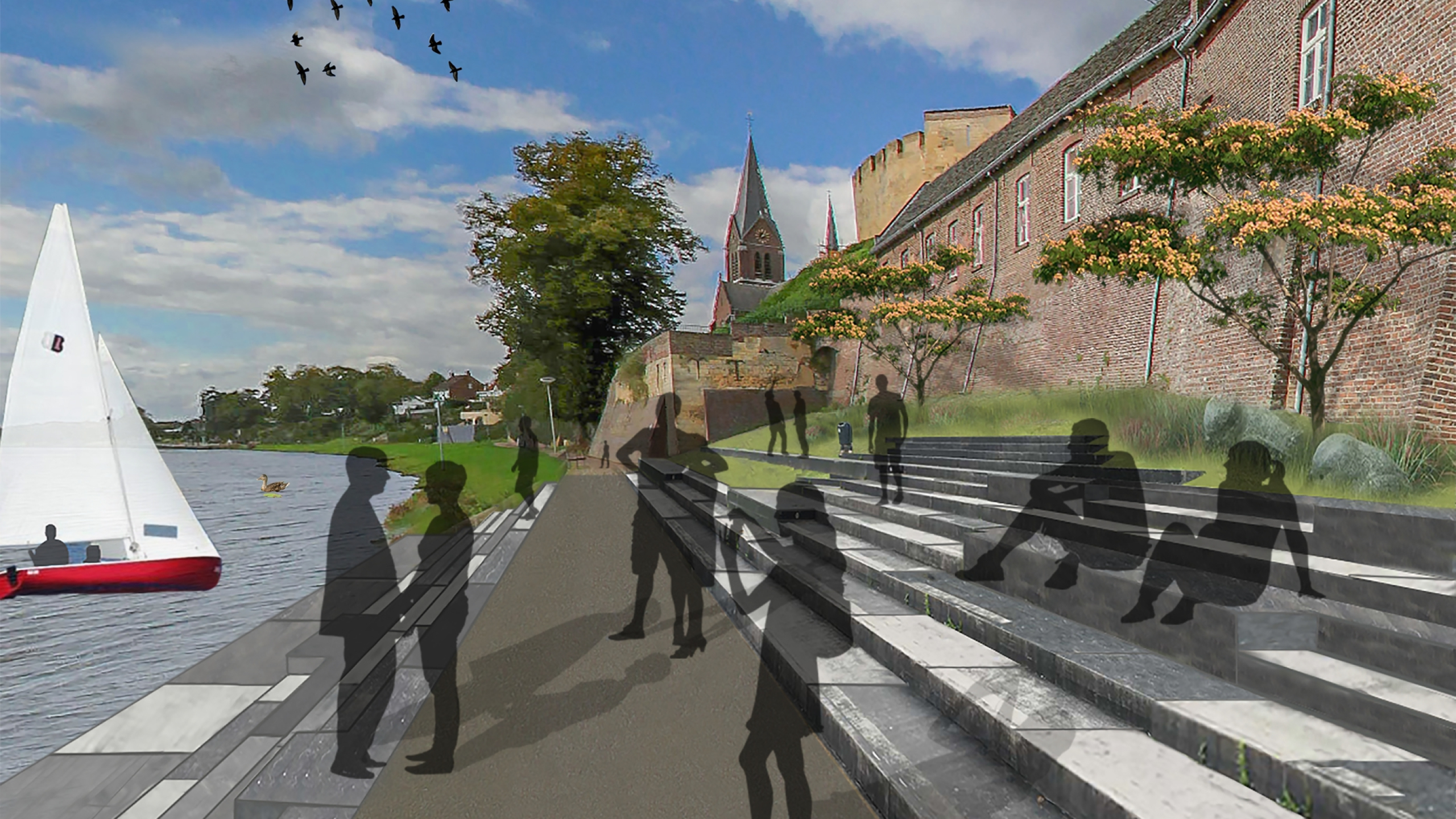 Digitale tekening Maasboulevard Kessel met een kerk en een bootje op het water 