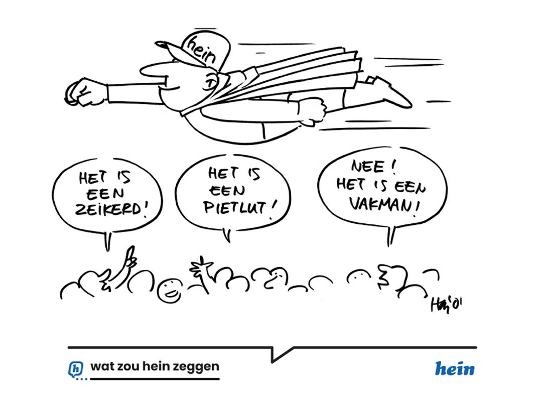 Hein cartoon van een superheld en tekstballonnen