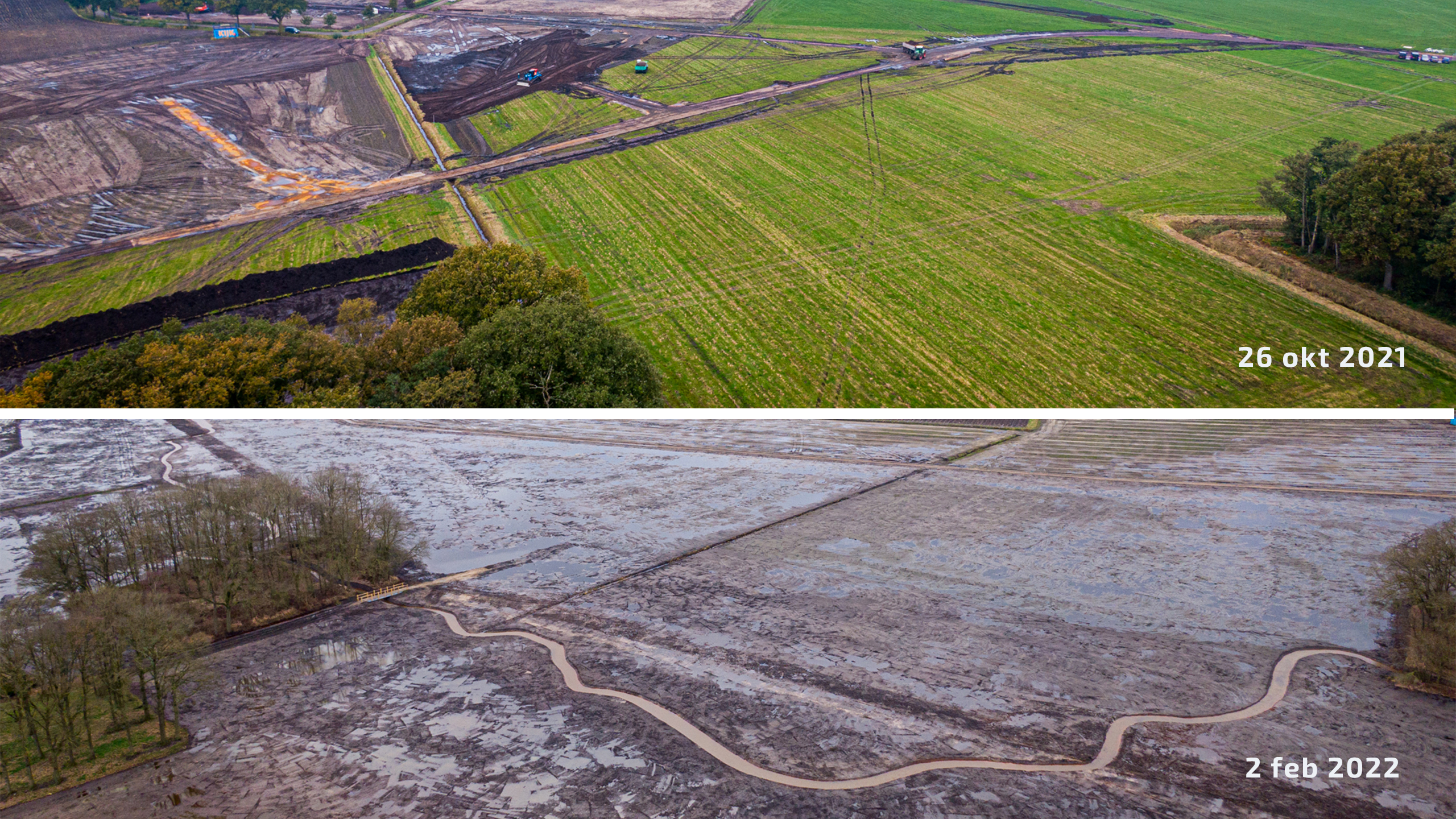 Luchtfoto vergelijking van de situatie voor en na de werkzaamheden van Ploegam